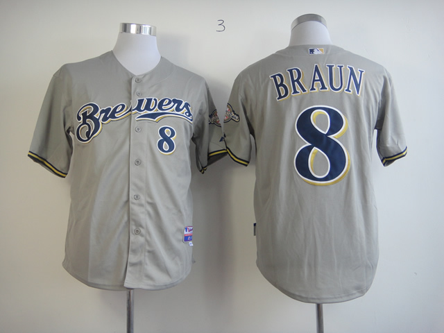 Men Milwaukee Brewers 8 Braun Grey MLB Jerseys